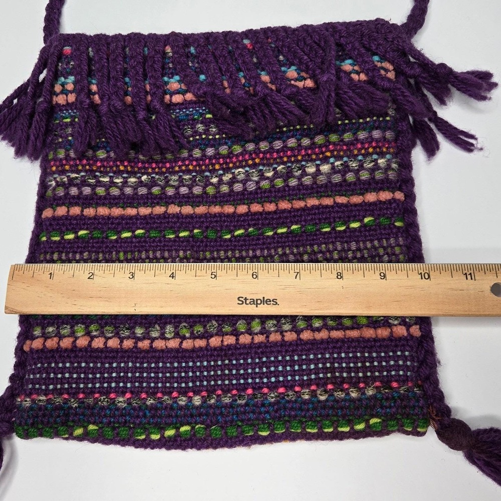 Vintage Hand Woven Purple Yarn Fringe Bag Nellie Burnham Boho Textile Purse 70s - Picture 12 of 14